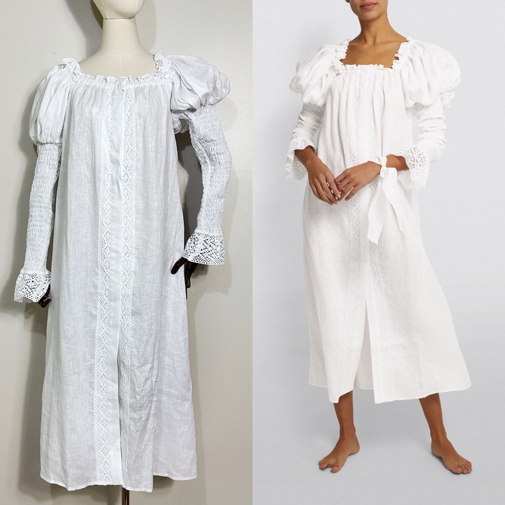Sleeper “Opera” off-shoulder linen dress in white